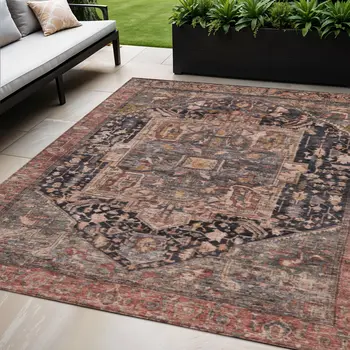 5' X 8' Charcoal Medallion Washable Indoor Outdoor Area Rug