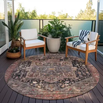 8' Charcoal Round Medallion Washable Indoor Outdoor Area Rug