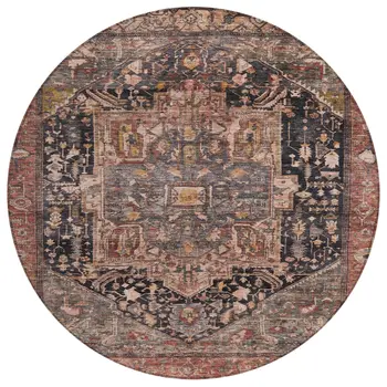 8' Charcoal Round Medallion Washable Indoor Outdoor Area Rug