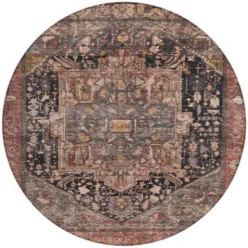 8' Charcoal Round Medallion Washable Indoor Outdoor Area Rug