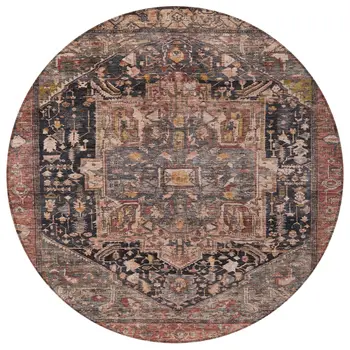 8' Charcoal Round Medallion Washable Indoor Outdoor Area Rug
