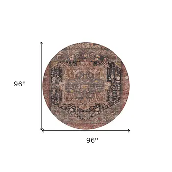 8' Charcoal Round Medallion Washable Indoor Outdoor Area Rug