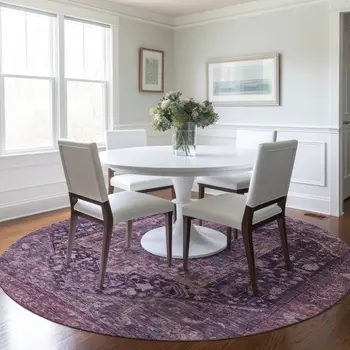 8' Eggplant Round Medallion Washable Indoor Outdoor Area Rug