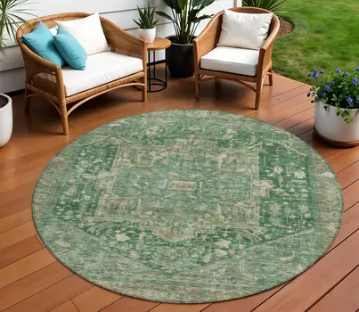 8' Emerald Round Medallion Washable Indoor Outdoor Area Rug
