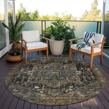 8' Brown Round Medallion Washable Indoor Outdoor Area Rug