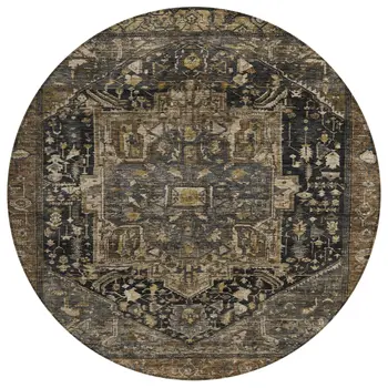 8' Brown Round Medallion Washable Indoor Outdoor Area Rug