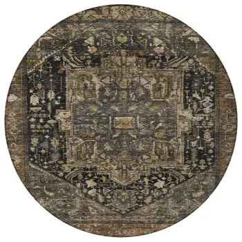 8' Brown Round Medallion Washable Indoor Outdoor Area Rug