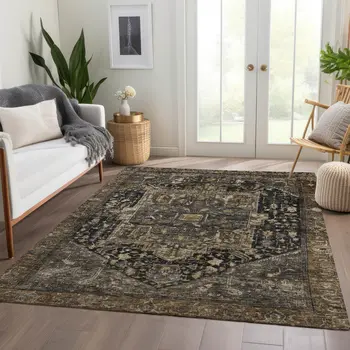 9' X 12' Brown Medallion Washable Indoor Outdoor Area Rug