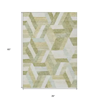 3' X 5' Artichoke Green Geometric Washable Indoor Outdoor Area Rug