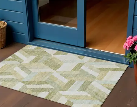 3' X 5' Artichoke Green Geometric Washable Indoor Outdoor Area Rug