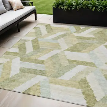 5' X 8' Artichoke Green Geometric Washable Indoor Outdoor Area Rug
