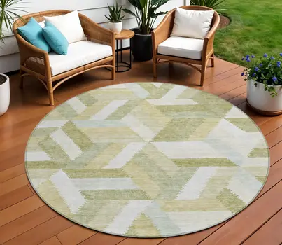 8' Artichoke Green Round Geometric Washable Indoor Outdoor Area Rug