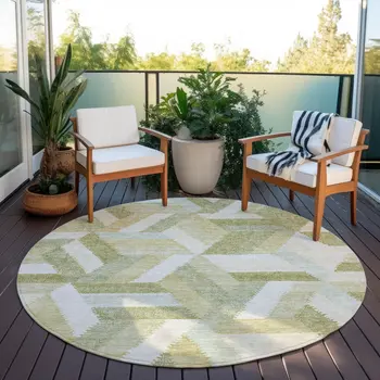 8' Artichoke Green Round Geometric Washable Indoor Outdoor Area Rug