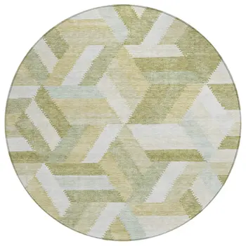 8' Artichoke Green Round Geometric Washable Indoor Outdoor Area Rug