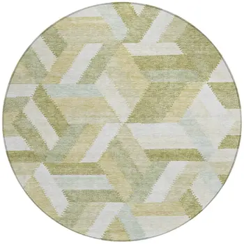 8' Artichoke Green Round Geometric Washable Indoor Outdoor Area Rug