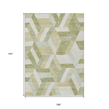 9' X 12' Artichoke Green Geometric Washable Indoor Outdoor Area Rug