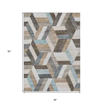 3' X 5' Brown Geometric Washable Indoor Outdoor Area Rug