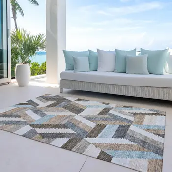 3' X 5' Brown Geometric Washable Indoor Outdoor Area Rug