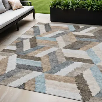 5' X 8' Brown Geometric Washable Indoor Outdoor Area Rug