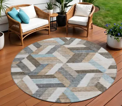 8' Brown Round Geometric Washable Indoor Outdoor Area Rug