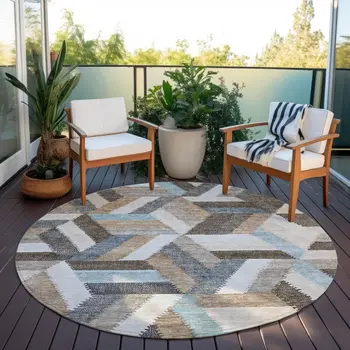 8' Brown Round Geometric Washable Indoor Outdoor Area Rug