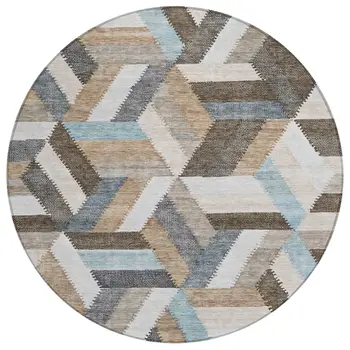 8' Brown Round Geometric Washable Indoor Outdoor Area Rug