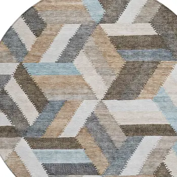 8' Brown Round Geometric Washable Indoor Outdoor Area Rug