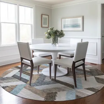 8' Brown Round Geometric Washable Indoor Outdoor Area Rug