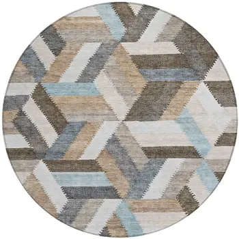 8' Brown Round Geometric Washable Indoor Outdoor Area Rug