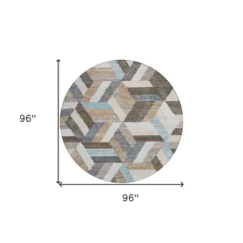 8' Brown Round Geometric Washable Indoor Outdoor Area Rug