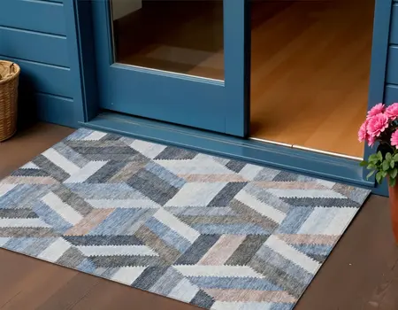3' X 5' Blue Geometric Washable Indoor Outdoor Area Rug