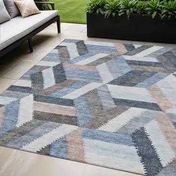 5' X 8' Blue Geometric Washable Indoor Outdoor Area Rug