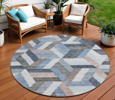 8' Blue Round Geometric Washable Indoor Outdoor Area Rug