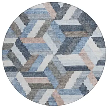 8' Blue Round Geometric Washable Indoor Outdoor Area Rug