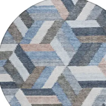 8' Blue Round Geometric Washable Indoor Outdoor Area Rug