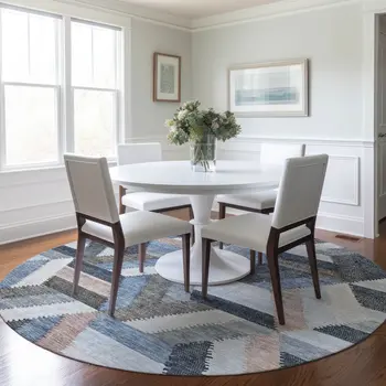 8' Blue Round Geometric Washable Indoor Outdoor Area Rug