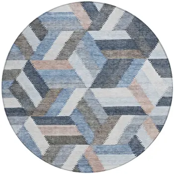8' Blue Round Geometric Washable Indoor Outdoor Area Rug