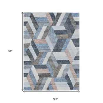 10' X 14' Blue Geometric Washable Indoor Outdoor Area Rug