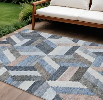 10' X 14' Blue Geometric Washable Indoor Outdoor Area Rug