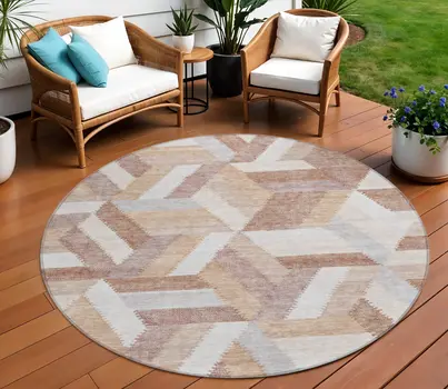 8' Copper Round Geometric Washable Indoor Outdoor Area Rug