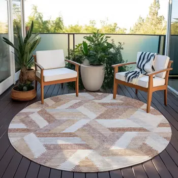 8' Copper Round Geometric Washable Indoor Outdoor Area Rug