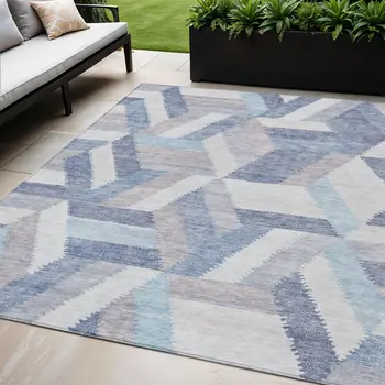 5' X 8' Denim Blue Geometric Washable Indoor Outdoor Area Rug
