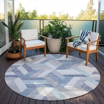 8' Denim Blue Round Geometric Washable Indoor Outdoor Area Rug