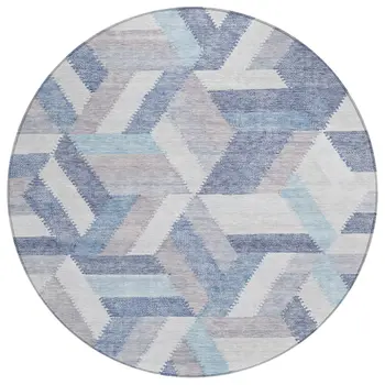 8' Denim Blue Round Geometric Washable Indoor Outdoor Area Rug