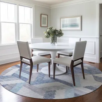 8' Denim Blue Round Geometric Washable Indoor Outdoor Area Rug