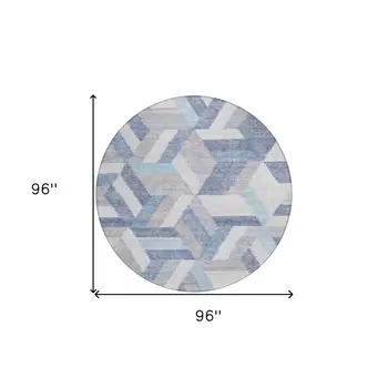 8' Denim Blue Round Geometric Washable Indoor Outdoor Area Rug