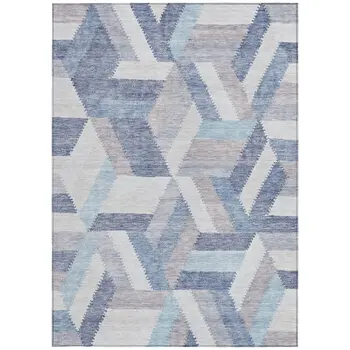 9' X 12' Denim Blue Geometric Washable Indoor Outdoor Area Rug
