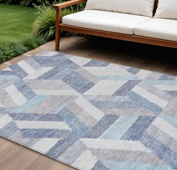 9' X 12' Denim Blue Geometric Washable Indoor Outdoor Area Rug