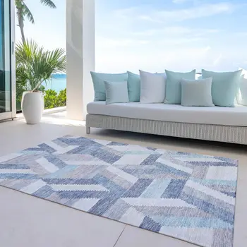 9' X 12' Denim Blue Geometric Washable Indoor Outdoor Area Rug