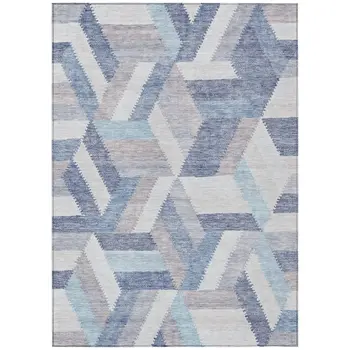 9' X 12' Denim Blue Geometric Washable Indoor Outdoor Area Rug